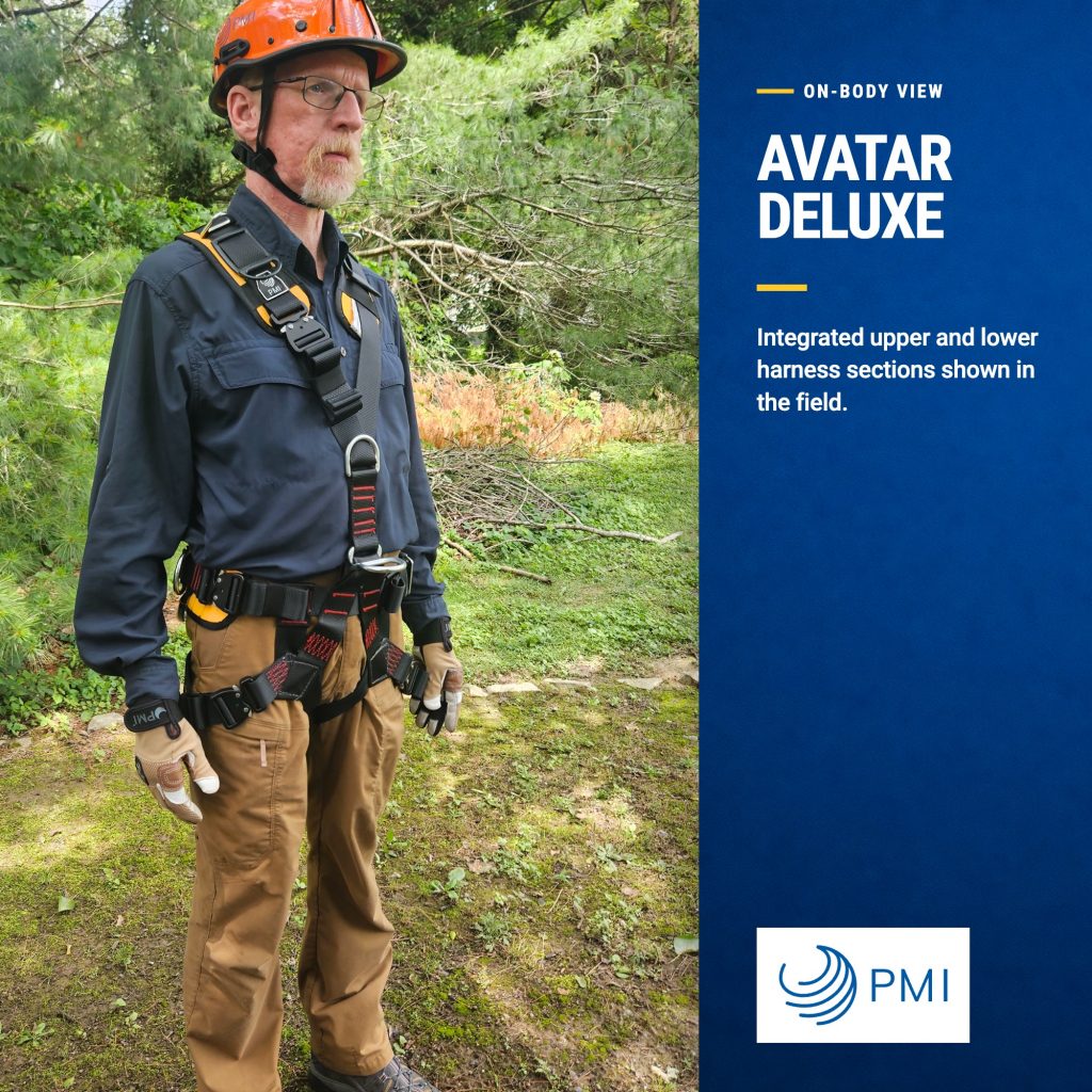 PMI Avatar Deluxe Harness worn outdoors, three-quarter full-body view