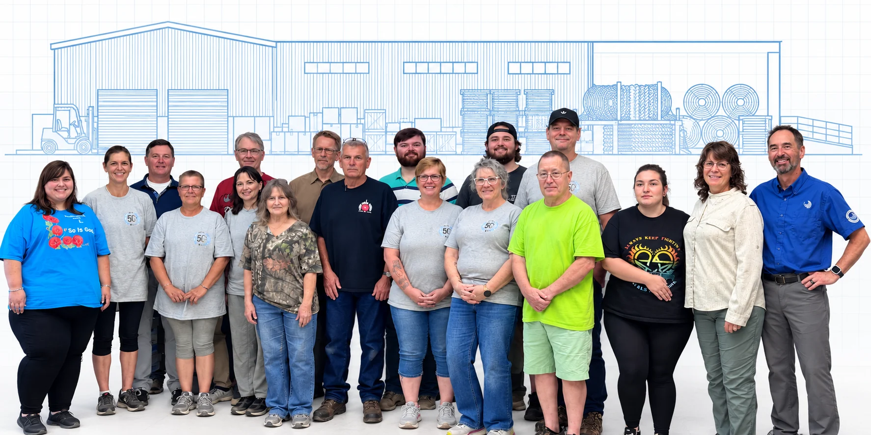 PMI team with Will Wohlt and Loui McCurley against a factory line-art background.